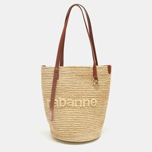 Paco Rabbane Logo Embroidered Cream/brown Leather And Raffia Tote